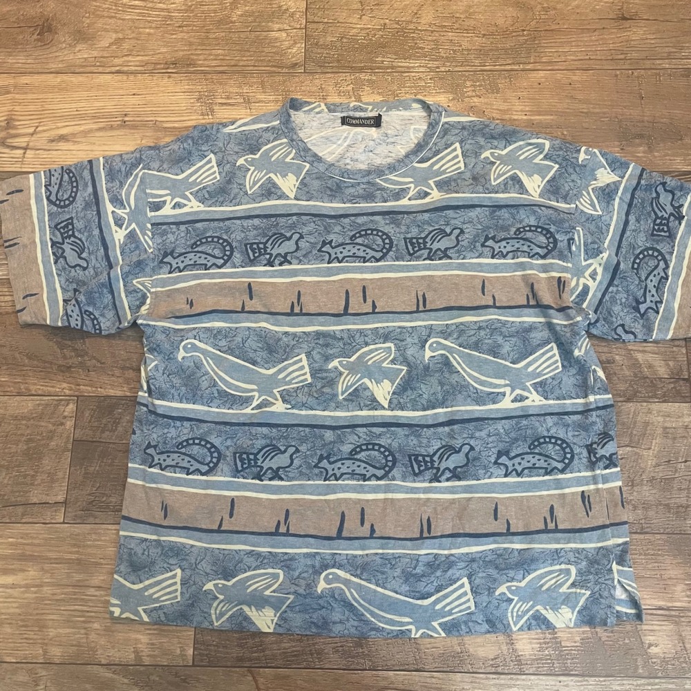Vintage 90s Commander Mens Blue Tribal Bird‎ Animal Print Cotton T-Shirt Large L